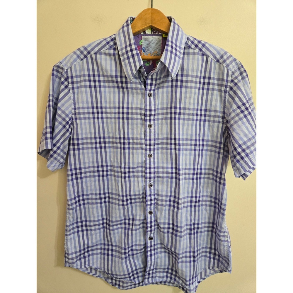 Robert Graham Shirt Mens Large L Purple Blue Plaid S/S Contrast Trim Paisley